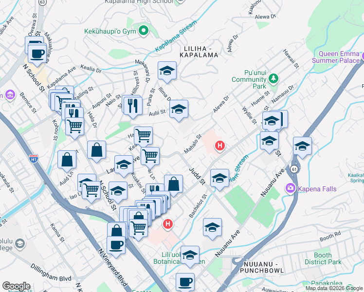 map of restaurants, bars, coffee shops, grocery stores, and more near 2128 Mason Place in Honolulu