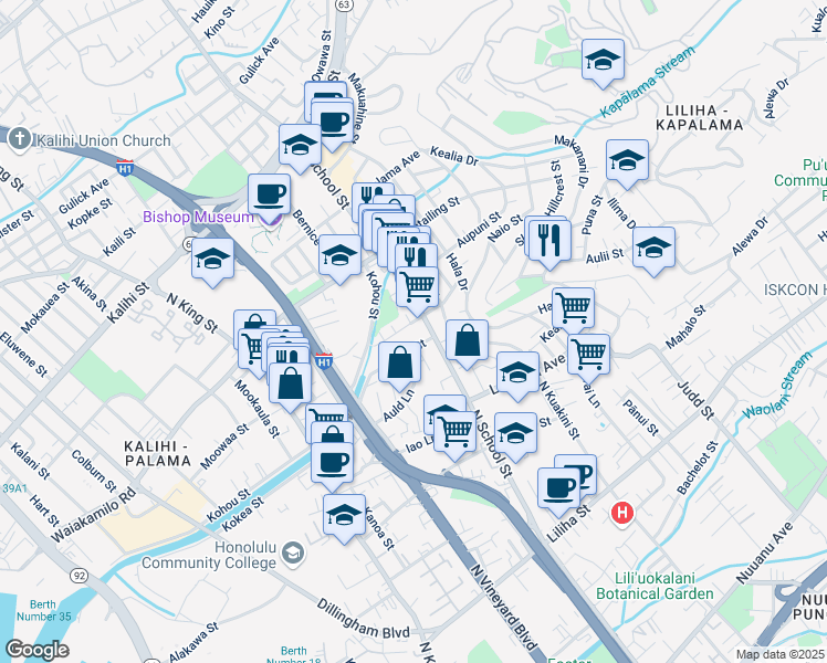 map of restaurants, bars, coffee shops, grocery stores, and more near 1604 Pohaku Street in Honolulu