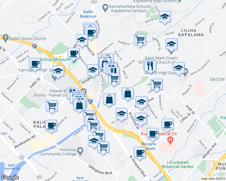 map of restaurants, bars, coffee shops, grocery stores, and more near 1604 Pohaku Street in Honolulu