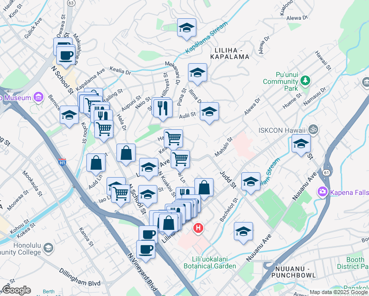 map of restaurants, bars, coffee shops, grocery stores, and more near 816 Judd Street in Honolulu