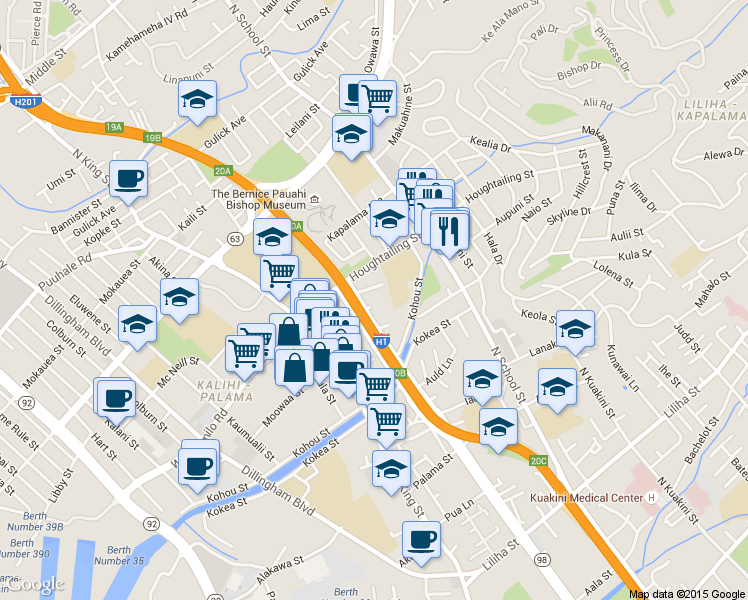 map of restaurants, bars, coffee shops, grocery stores, and more near 1350 Halona Street in Honolulu