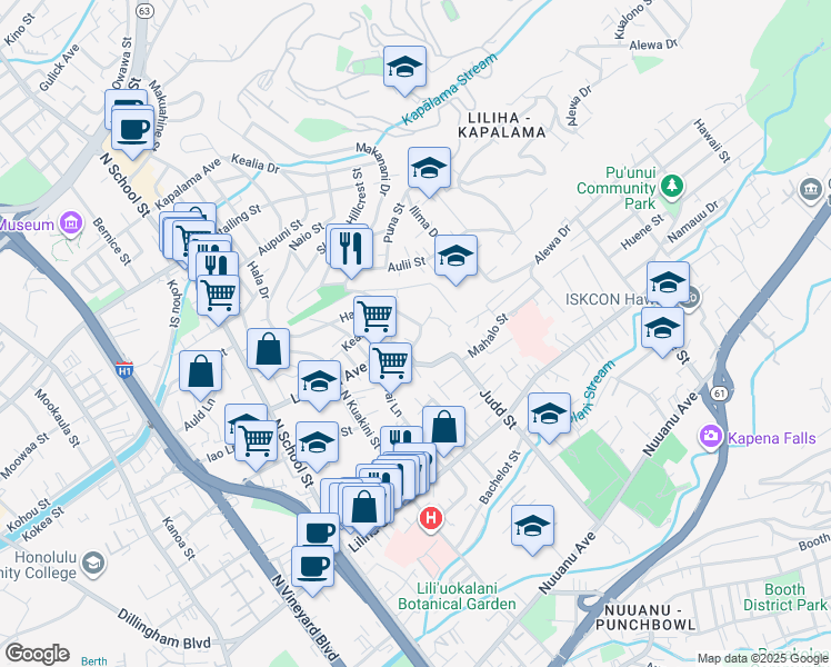 map of restaurants, bars, coffee shops, grocery stores, and more near 2055 Iholena Street in Honolulu