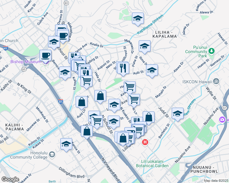 map of restaurants, bars, coffee shops, grocery stores, and more near 1022 Hala Drive in Honolulu