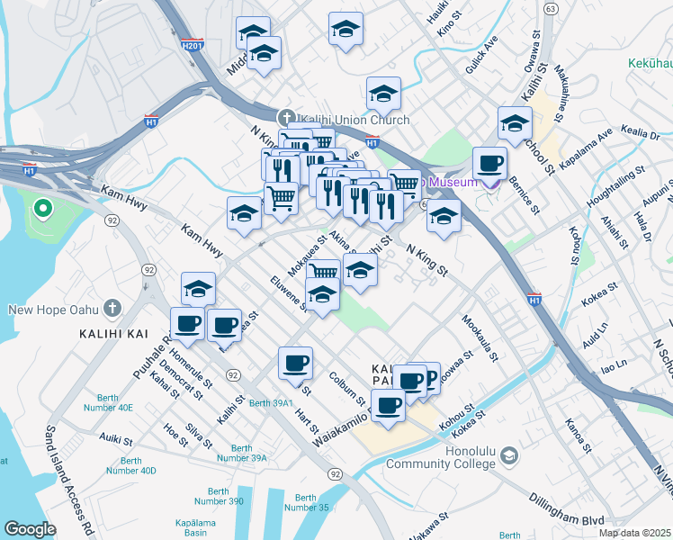 map of restaurants, bars, coffee shops, grocery stores, and more near 1733 Ashford Street in Honolulu