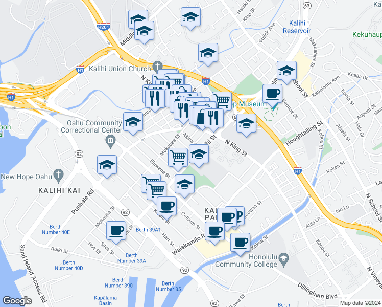 map of restaurants, bars, coffee shops, grocery stores, and more near 1713 Ashford Street in Honolulu