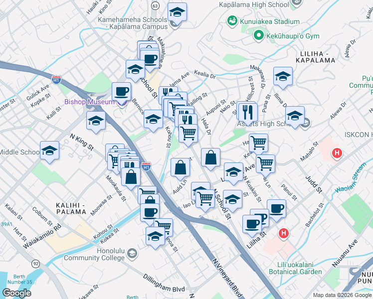map of restaurants, bars, coffee shops, grocery stores, and more near 1604 Pohaku Street in Honolulu