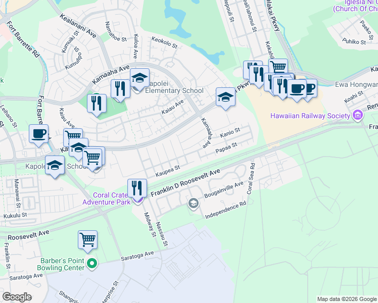 map of restaurants, bars, coffee shops, grocery stores, and more near 91-1030 Kualakai Street in Kapolei