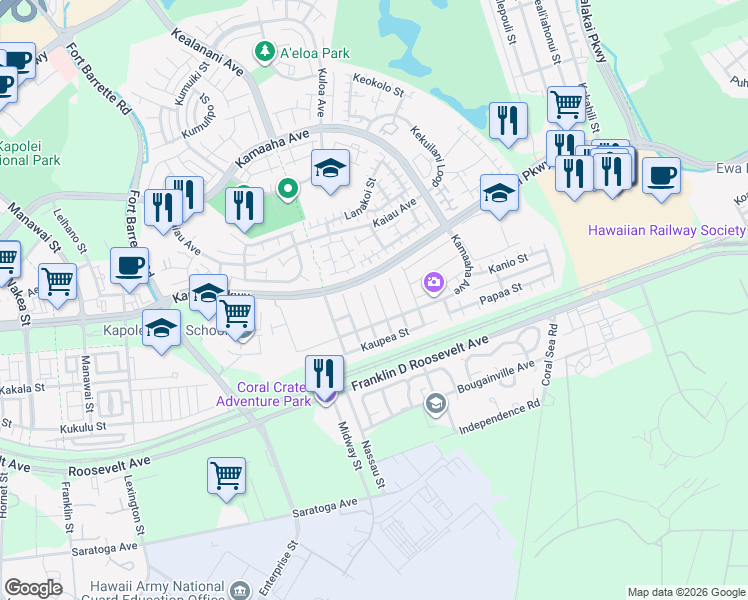 map of restaurants, bars, coffee shops, grocery stores, and more near 91-1012 Kahanalei Street in Kapolei