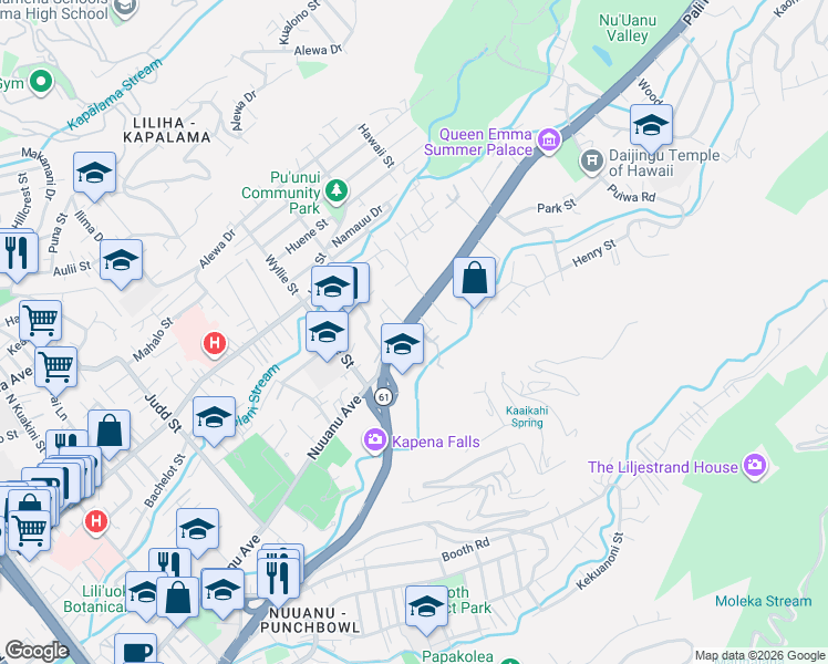 map of restaurants, bars, coffee shops, grocery stores, and more near 2550 Pali Highway in Honolulu