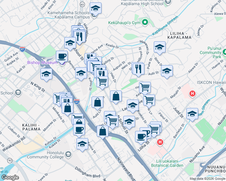 map of restaurants, bars, coffee shops, grocery stores, and more near 1155 Hala Dr in Honolulu