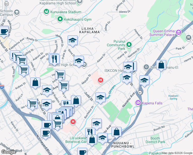 map of restaurants, bars, coffee shops, grocery stores, and more near 2230 Liliha Street in Honolulu