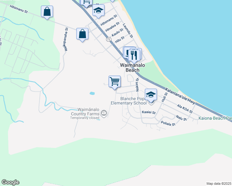 map of restaurants, bars, coffee shops, grocery stores, and more near Kulaiwi Street in Waimanalo Beach