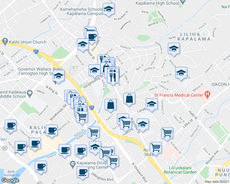 map of restaurants, bars, coffee shops, grocery stores, and more near 1604 Pohaku Street in Honolulu