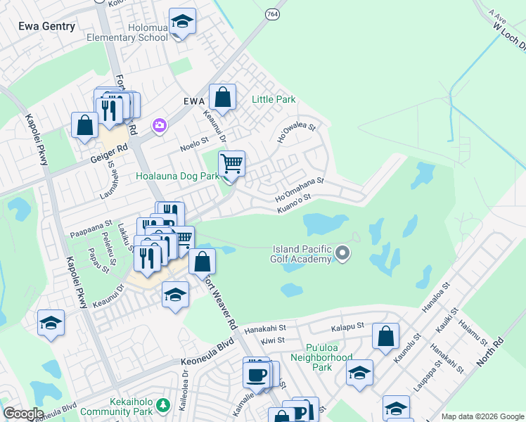map of restaurants, bars, coffee shops, grocery stores, and more near 91-1133 Kuano'o St in Ewa Gentry
