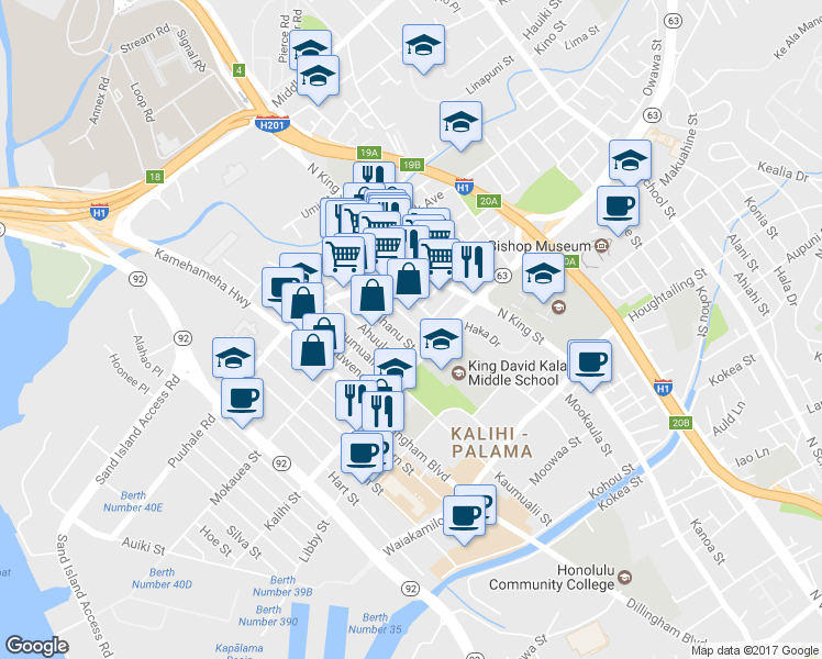 map of restaurants, bars, coffee shops, grocery stores, and more near 1733 Ashford Street in Honolulu