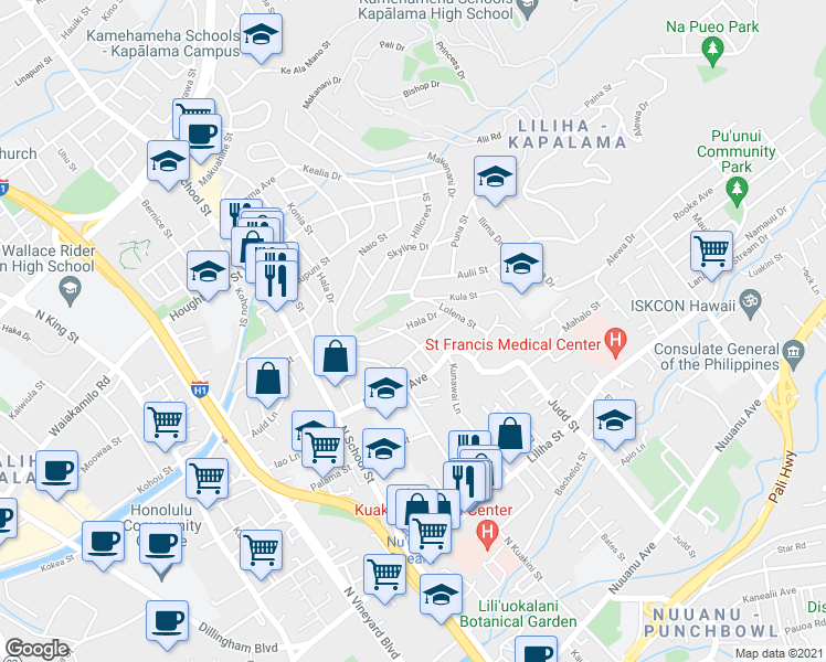 map of restaurants, bars, coffee shops, grocery stores, and more near 951 Hala Drive in Honolulu