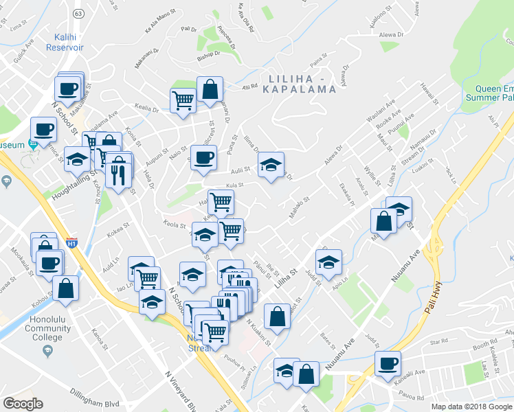 map of restaurants, bars, coffee shops, grocery stores, and more near 2055 Iholena Street in Honolulu