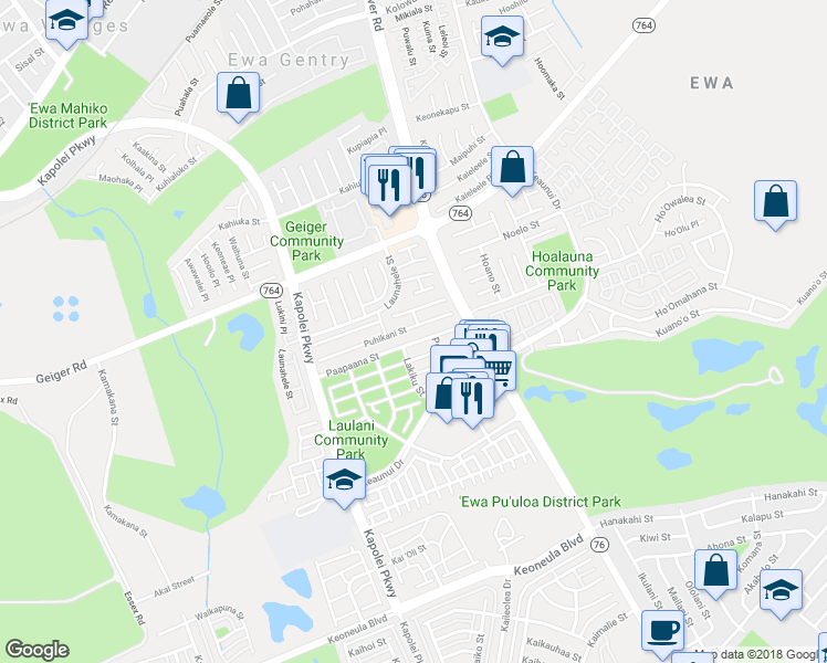map of restaurants, bars, coffee shops, grocery stores, and more near 91-931 Puhikani Street in Ewa Beach
