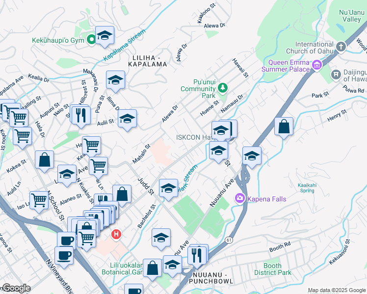 map of restaurants, bars, coffee shops, grocery stores, and more near 519 Ekekela Place in Honolulu