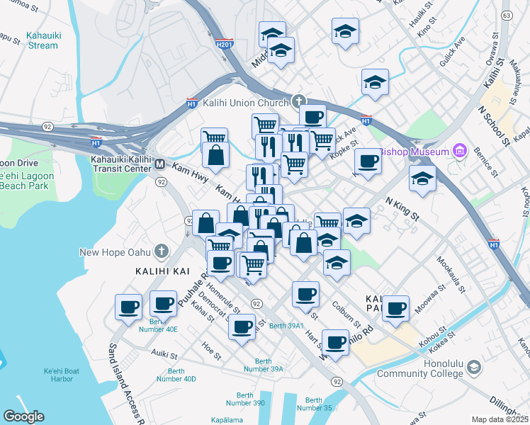 map of restaurants, bars, coffee shops, grocery stores, and more near 611 Puuhale Road in Honolulu