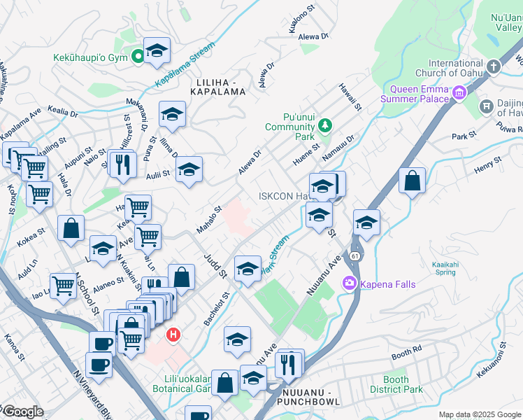 map of restaurants, bars, coffee shops, grocery stores, and more near 519 Ekekela Place in Honolulu