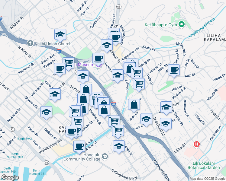 map of restaurants, bars, coffee shops, grocery stores, and more near 1350 Halona Street in Honolulu