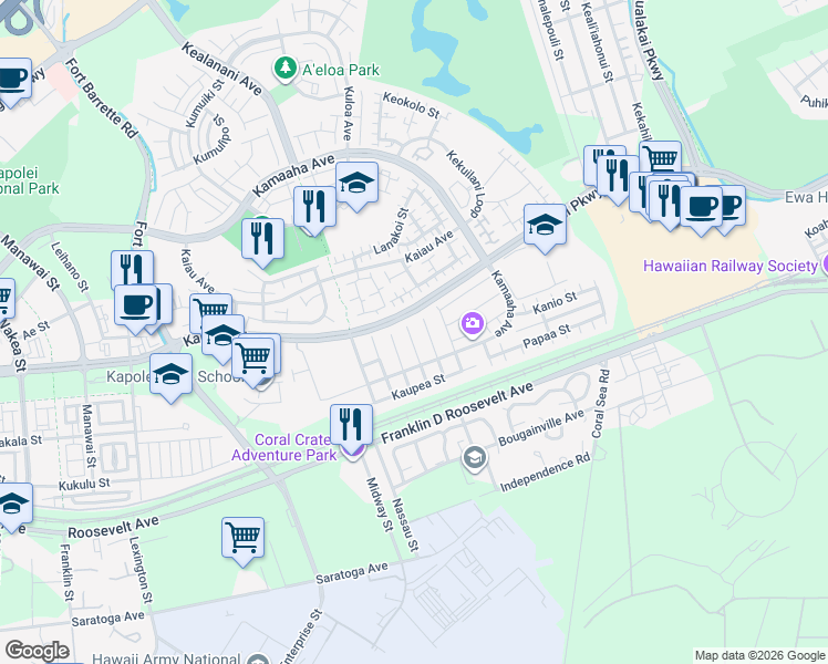 map of restaurants, bars, coffee shops, grocery stores, and more near 91-1012 Kahanalei Street in Kapolei