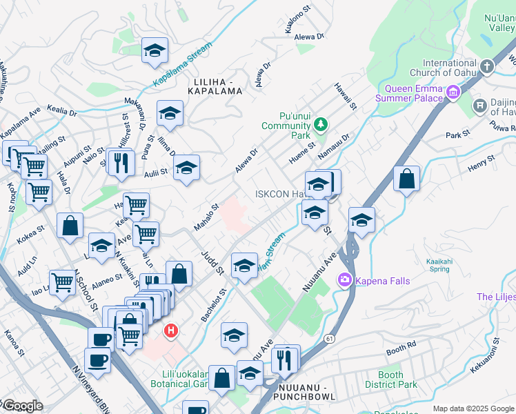 map of restaurants, bars, coffee shops, grocery stores, and more near 519 Ekekela Place in Honolulu
