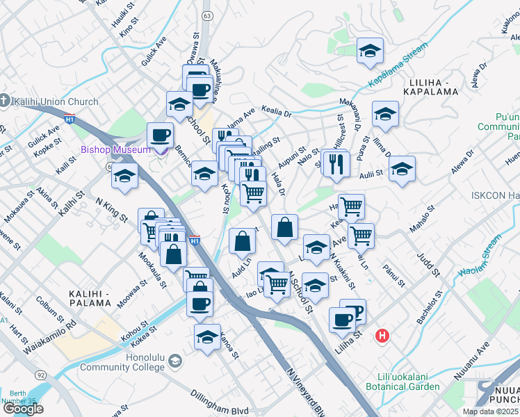 map of restaurants, bars, coffee shops, grocery stores, and more near 1604 Pohaku Street in Honolulu