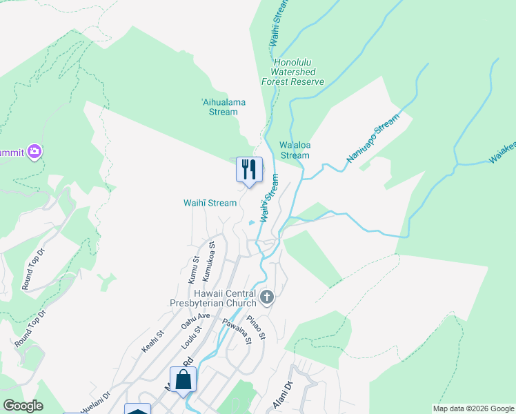 map of restaurants, bars, coffee shops, grocery stores, and more near 3721-3875 Manoa Rd in Honolulu
