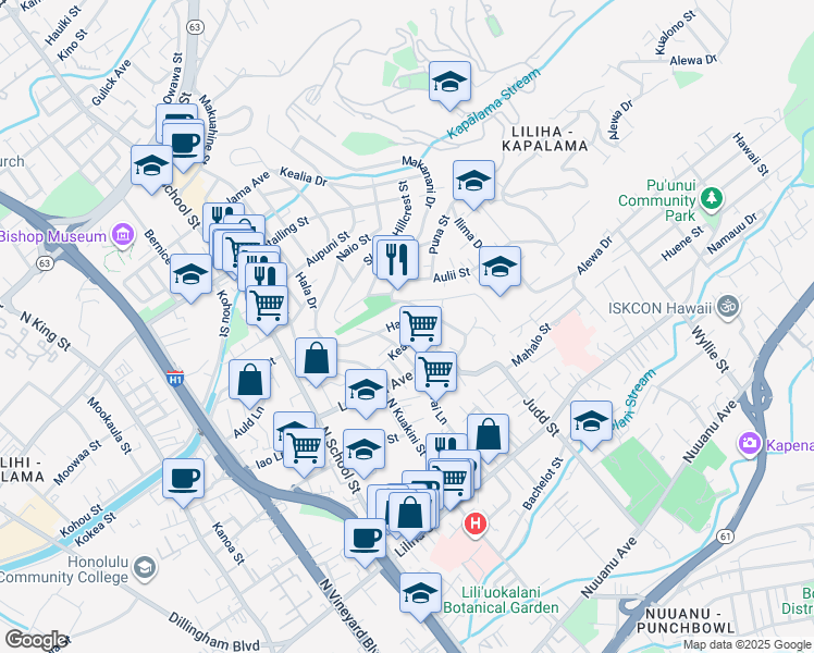map of restaurants, bars, coffee shops, grocery stores, and more near 951 Hala Drive in Honolulu