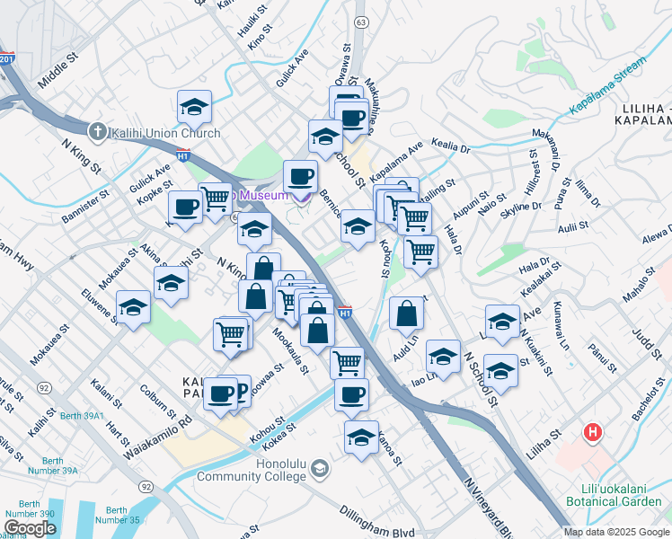 map of restaurants, bars, coffee shops, grocery stores, and more near 1350 Halona Street in Honolulu