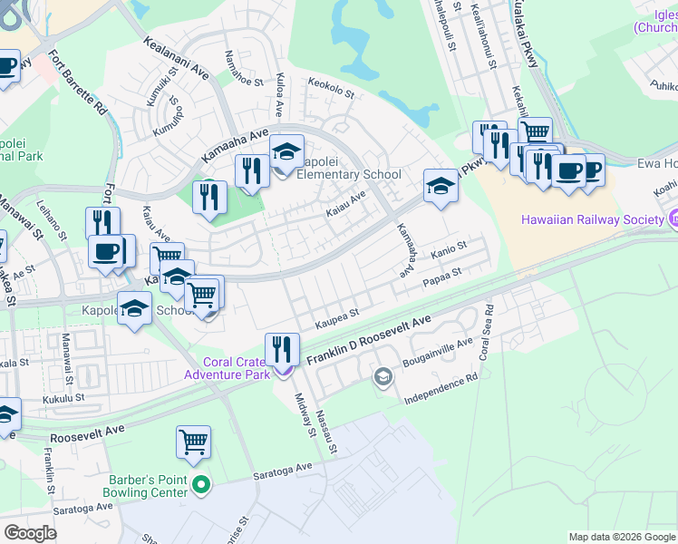 map of restaurants, bars, coffee shops, grocery stores, and more near 91-1012 Kahanalei Street in Kapolei