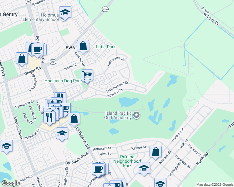 map of restaurants, bars, coffee shops, grocery stores, and more near 91-1183 Kuano'o Street in Ewa Beach