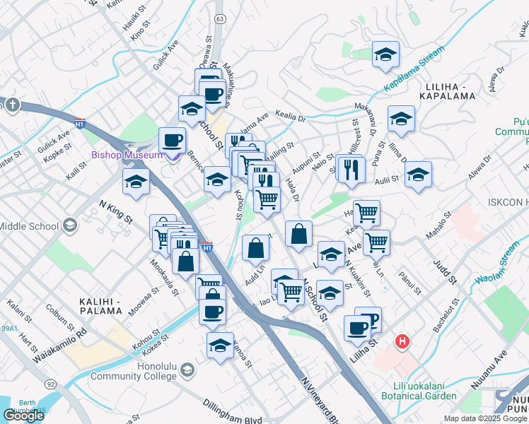 map of restaurants, bars, coffee shops, grocery stores, and more near 1604 Pohaku Street in Honolulu
