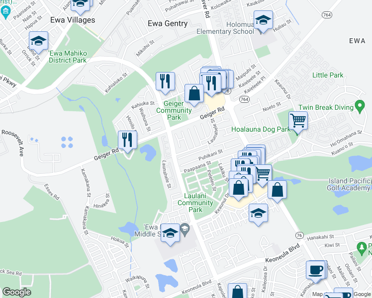 map of restaurants, bars, coffee shops, grocery stores, and more near 91-892 Nohoihoewa Place in Ewa Beach
