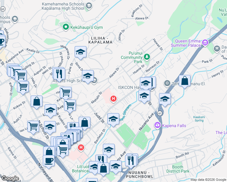 map of restaurants, bars, coffee shops, grocery stores, and more near 2230 Liliha Street in Honolulu