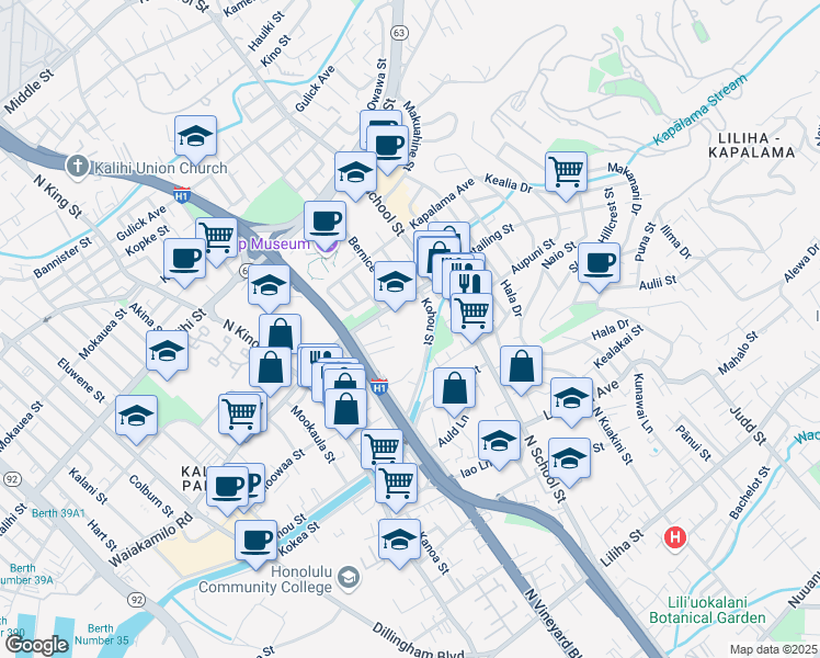 map of restaurants, bars, coffee shops, grocery stores, and more near 1401 Houghtailing Street in Honolulu