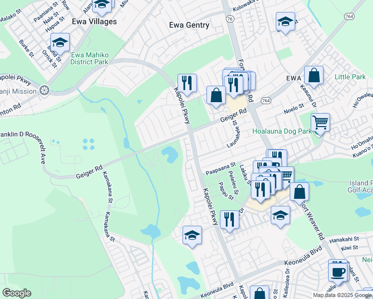 map of restaurants, bars, coffee shops, grocery stores, and more near Lukini Place in Honolulu County