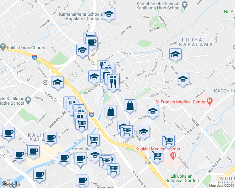 map of restaurants, bars, coffee shops, grocery stores, and more near 1604 Pohaku Street in Honolulu