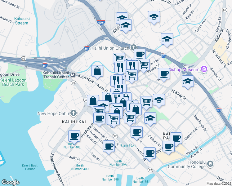 map of restaurants, bars, coffee shops, grocery stores, and more near 611 Puuhale Road in Honolulu