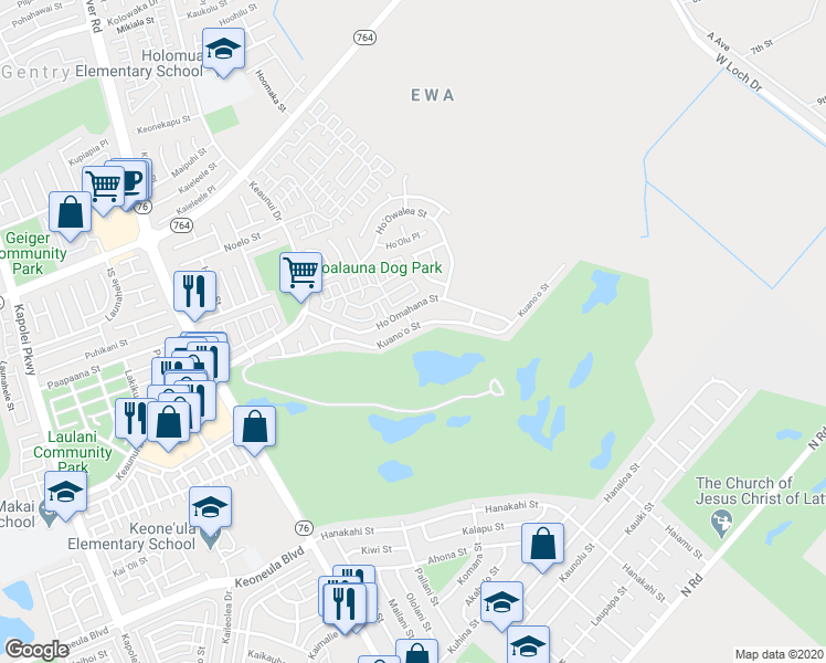 map of restaurants, bars, coffee shops, grocery stores, and more near 91-1183 Kuano'o Street in Ewa Beach