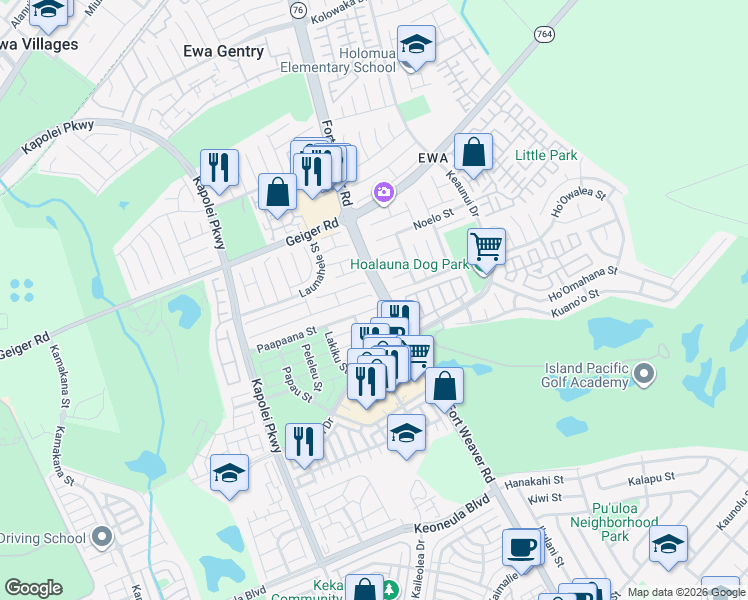map of restaurants, bars, coffee shops, grocery stores, and more near 91-1177 Paapaana Street in Ewa Beach