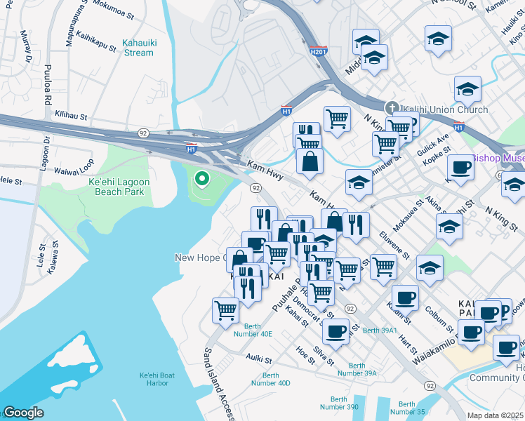 map of restaurants, bars, coffee shops, grocery stores, and more near 2280 Alahao Place in Honolulu