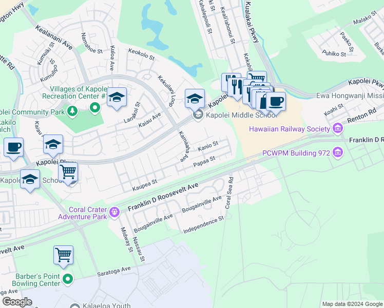 map of restaurants, bars, coffee shops, grocery stores, and more near 91-1005 Kanio Street in Kapolei