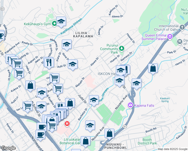 map of restaurants, bars, coffee shops, grocery stores, and more near 2230 Liliha Street in Honolulu