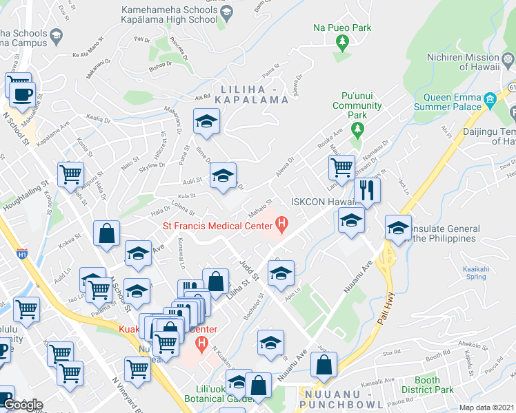 map of restaurants, bars, coffee shops, grocery stores, and more near 2175 Mahalo Street in Honolulu