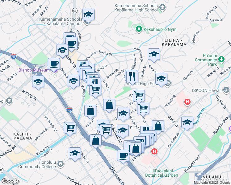 map of restaurants, bars, coffee shops, grocery stores, and more near 1022 Hala Drive in Honolulu
