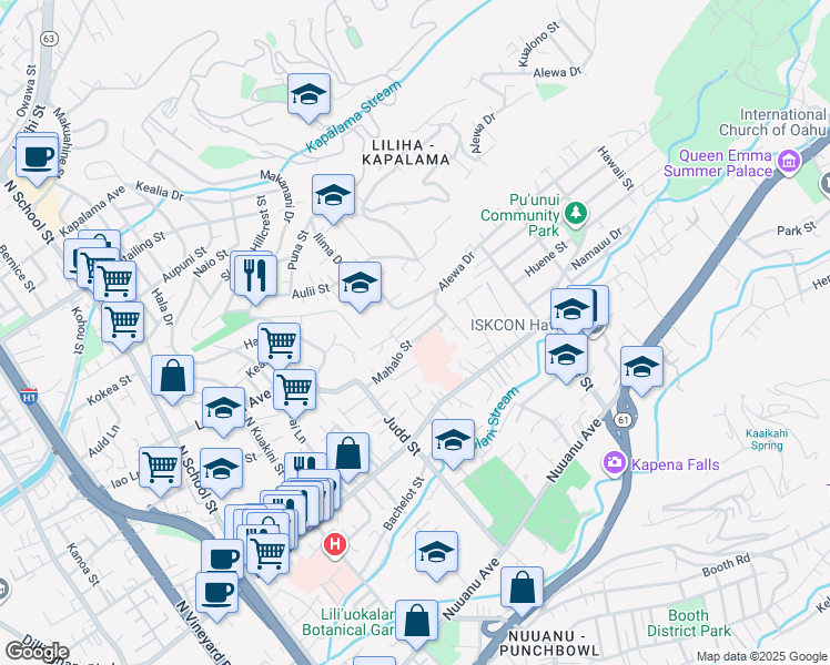 map of restaurants, bars, coffee shops, grocery stores, and more near 2222 Mahalo Street in Honolulu