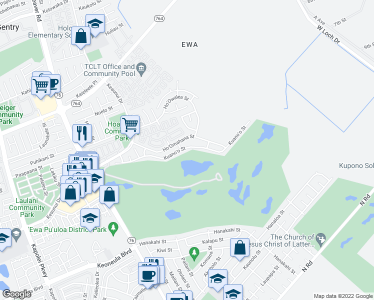 map of restaurants, bars, coffee shops, grocery stores, and more near 91-1223 Kuano'o Street in Ewa Beach